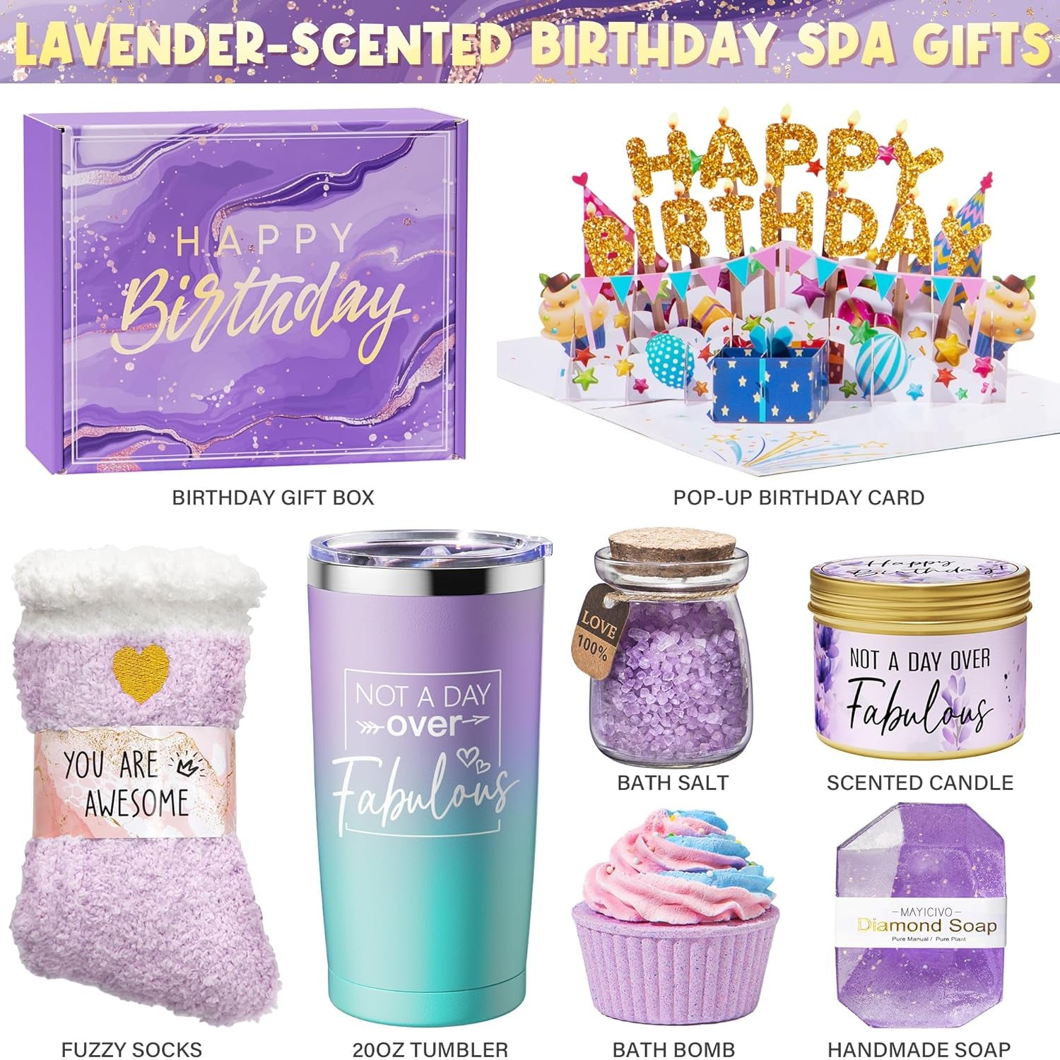 Happy Birthday Gifts for Women Friendship, Birthday Gift Box for Mom Sister | Unique Lavender Birthday Spa Gift Set, Best Friend Birthday Gifts Basket Self Care Gift Idea for Her Wife Girlfriend Coworker