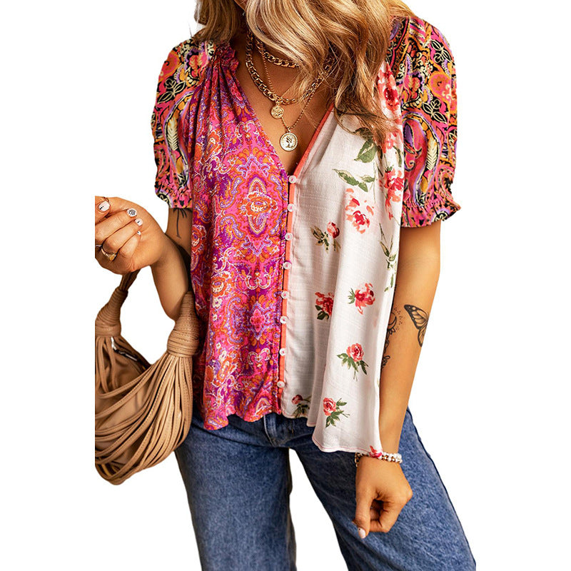 Multicolor Floral Patchwork Shirred Cuff Buttoned V Neck Blouse